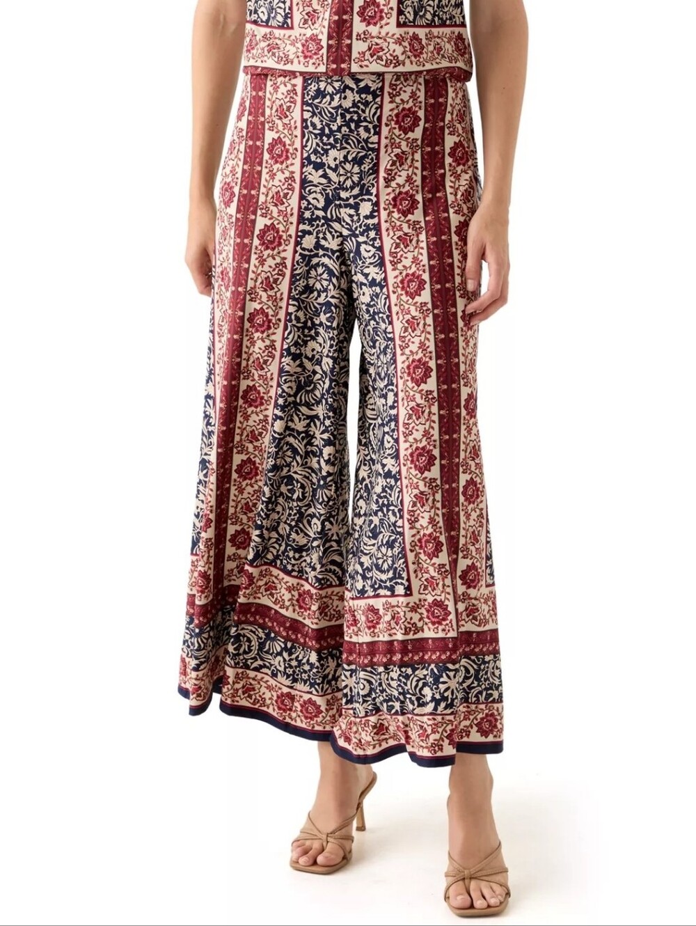 Vince Camuto Wide Leg Pants Size XL Floral Cream Navy Maroon Elastic Waist